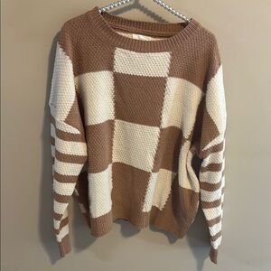 Salty wave size 2xl Cozy Checkered Sweater in Brown and Cream